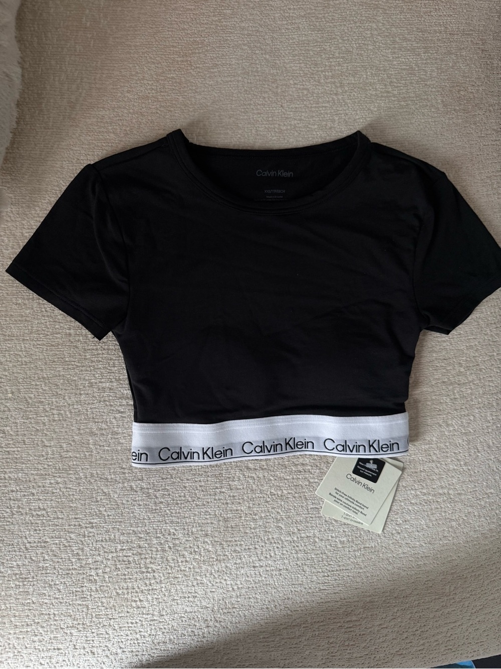 Calvin Klein Black Crop Top with White Branded Hem